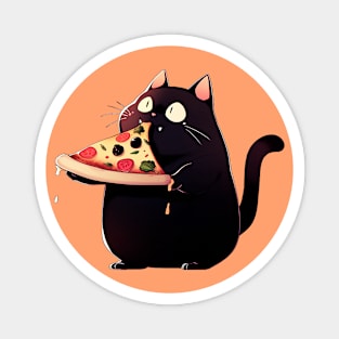 Black fat cat eats pizza Magnet